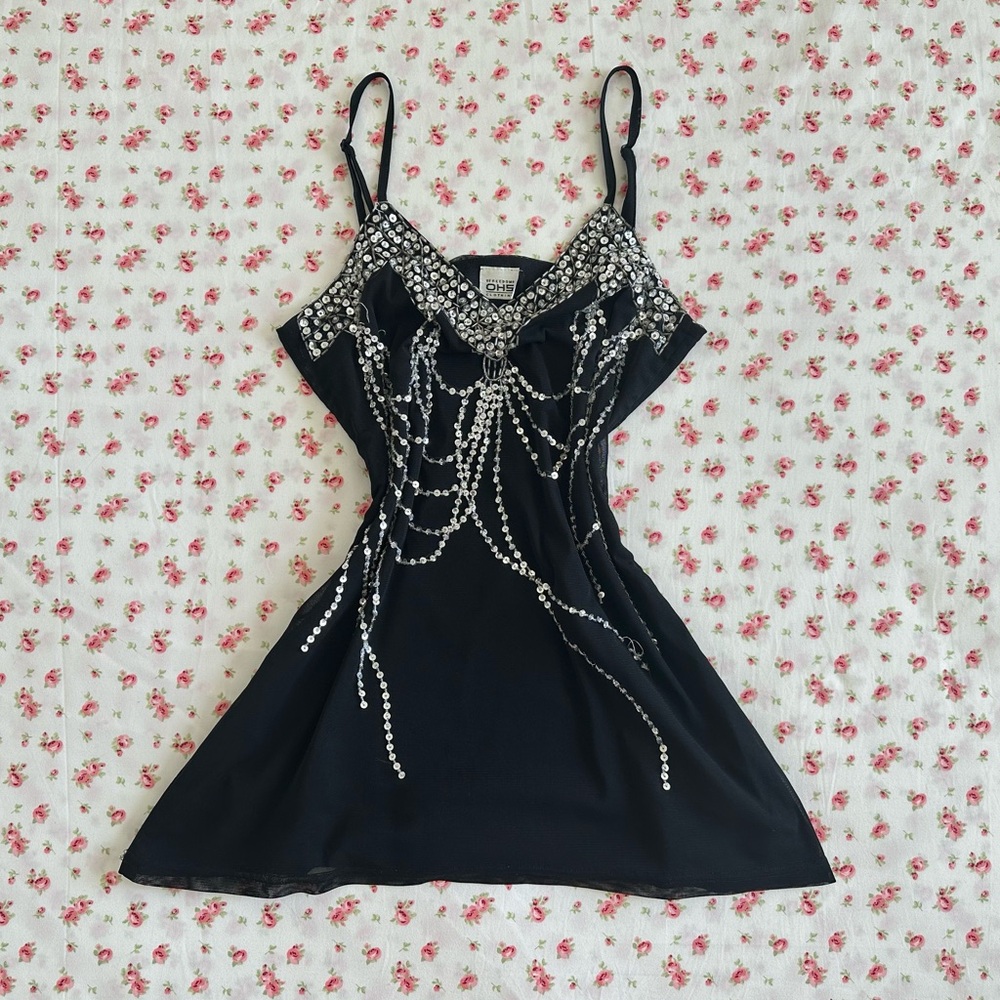 Y2K black beaded sequin top